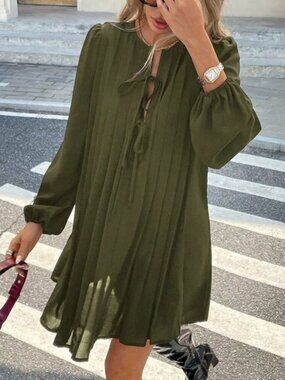 Green Casual Women's Pleated Long sleeved mini Dress